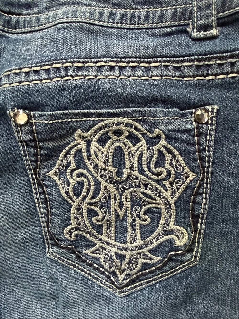 Paisley Sky Medium Blue Flare Jeans with Contrast Stitching